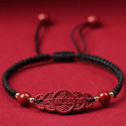 Feng Shui Pulsera Pulsera de piedra de cristal de cinabrio Cinco monedas antiguas Pulsera de amuletos de la suerte for mujeres Hombres Pulsera budista hecha a mano Talismán ajustable, rojo, amuletos d