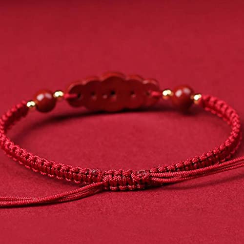 Feng Shui Pulsera Pulsera de piedra de cristal de cinabrio Cinco monedas antiguas Pulsera de amuletos de la suerte for mujeres Hombres Pulsera budista hecha a mano Talismán ajustable, rojo, amuletos d