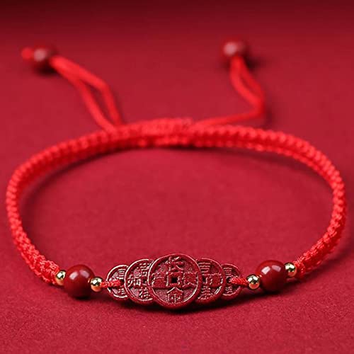 Feng Shui Pulsera Pulsera de piedra de cristal de cinabrio Cinco monedas antiguas Pulsera de amuletos de la suerte for mujeres Hombres Pulsera budista hecha a mano Talismán ajustable, rojo, amuletos d