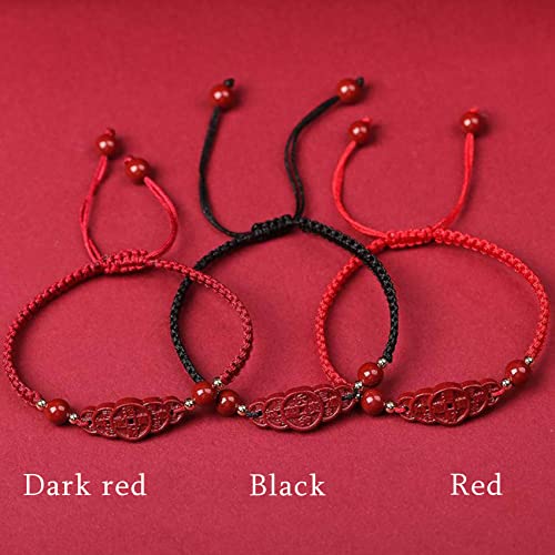 Feng Shui Pulsera Pulsera de piedra de cristal de cinabrio Cinco monedas antiguas Pulsera de amuletos de la suerte for mujeres Hombres Pulsera budista hecha a mano Talismán ajustable, rojo, amuletos d