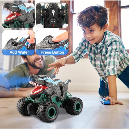 FENYW Monster Truck 2.4GHz RC Monster Truck Mando a distancia Coche de dinosaurio teledirigido Off-Road Stunt Vehículo con niebla de spray y luces LED, juguete de dinosaurio para niños y niñas