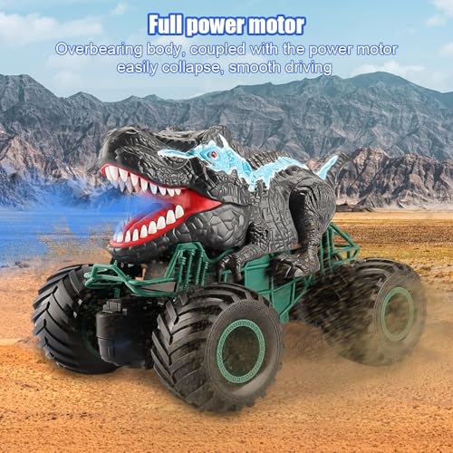 FENYW Monster Truck 2.4GHz RC Monster Truck Mando a distancia Coche de dinosaurio teledirigido Off-Road Stunt Vehículo con niebla de spray y luces LED, juguete de dinosaurio para niños y niñas