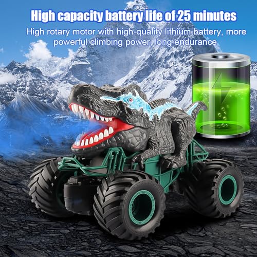 FENYW Monster Truck 2.4GHz RC Monster Truck Mando a distancia Coche de dinosaurio teledirigido Off-Road Stunt Vehículo con niebla de spray y luces LED, juguete de dinosaurio para niños y niñas