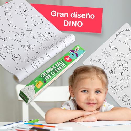 Festicy Rollo de papel para pintar niños I 3 metros de papel continuo blanco con dibujos para colorear niños I Libro adhesivo edición dinosaurios para regalos de cumpleaños, alumnos primaria