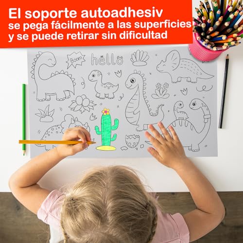 Festicy Rollo de papel para pintar niños I 3 metros de papel continuo blanco con dibujos para colorear niños I Libro adhesivo edición dinosaurios para regalos de cumpleaños, alumnos primaria