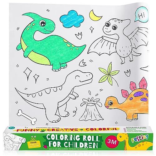 Festicy Rollo de papel para pintar niños I 3 metros de papel continuo blanco con dibujos para colorear niños I Libro adhesivo edición dinosaurios para regalos de cumpleaños, alumnos primaria