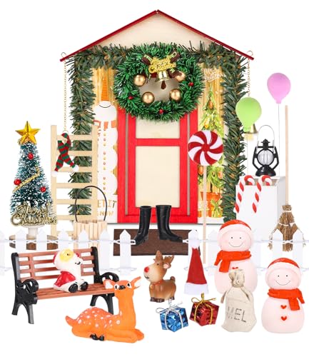 Fiabgum Juego De Accesorios Para Puerta De Gnomo De Navidad, 27PCS Casa De Muñecas Navideña Miniatura,Accesorios De Casa De Muñecas DIY Para jardín en Miniatura Elfo Navidad,Corona Navideña Accesorios