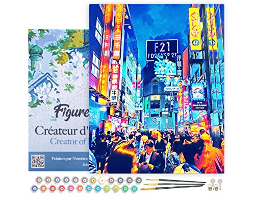 Figured'Art Pintar por Numeros Adultos con marco Tokyo shibuya - Manualidades pintura acrilica Kit Cuadro DIY completo - 40x50cm con bastidor montado