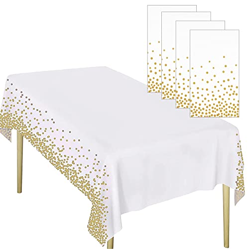 FINDIR 4 Piezas Mantel Desecheble Fiesta Oro Blanco Mantel Rectangular Dorado Cubierta de Mesa Plásticos Manteles para Fiestas Boda Banquetes Cumpleaños de Niñas, Baby