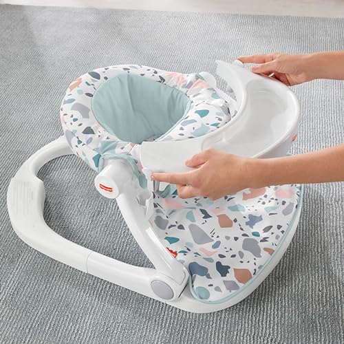 Fisher-Price Asiento para suelo plegable con bandeja, estampado terrazzo, regalo para bebés hasta 11 kg (Mattel HBD68)