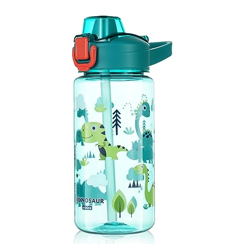 flintronic Botella de Agua Niños y Niñas, Niños Botellas Agua, Botella de Agua Pajita para Infantil, Sin BPA, Sin Fugas, Reutilizable, 600ml, Plástico -dinosaurio azul