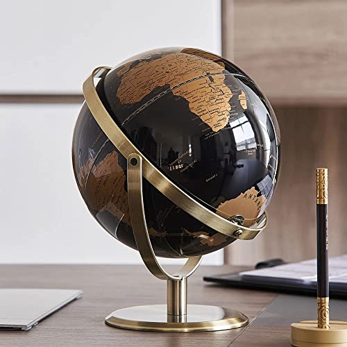 FLKENNEL Globe, Dorado y Negro- en Inglés - Decoración de escritorio educativa/geográfica/moderna - Con una base de metal,Black gold,L