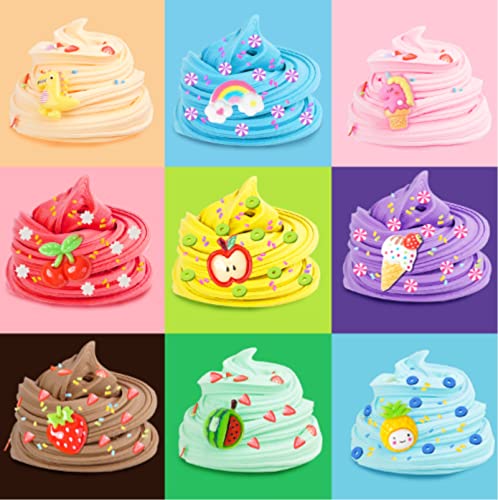 Fluffy Slime Set de 9 mini limo de mantequilla, limo perfumado con unicornio y accesorios de limo de frutas arcoíris, juego para niños