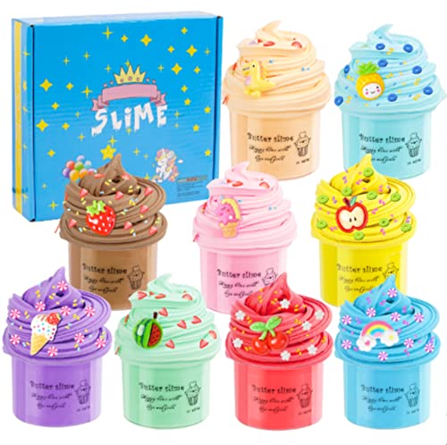 Fluffy Slime Set de 9 mini limo de mantequilla, limo perfumado con unicornio y accesorios de limo de frutas arcoíris, juego para niños