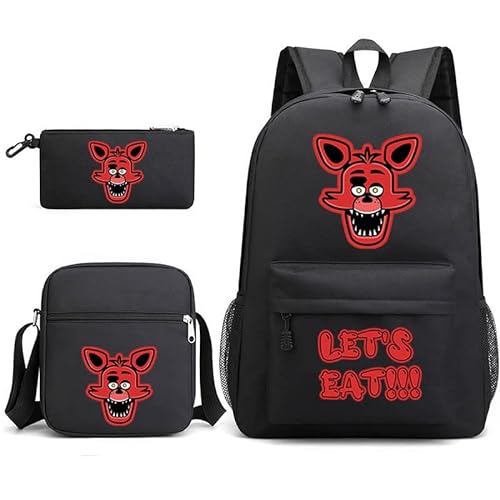 FNAF - Juego de mochila de 3 piezas con estampado de juego de cinco noches, mochila escolar con correa para el hombro, bolsa para libros para niños y niñas, con estuche para lápices, bolsa de hombro,