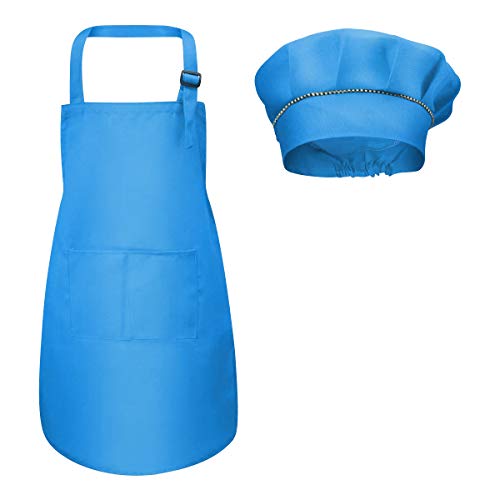 Fodlon Delantal para Niños+Gorro De Cocinero, Delantal de Cocina Infantil Delantales Infantiles Delantal De Chef De Cocina para Niños Pintura 4-12 Años (Azul, L)