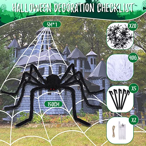 FORMIZON Araña Gigante de Halloween de 150cm, Juego Arañas Enorme de Halloween, Tela de Araña Triangular 7M, Spider Web Halloween, Telarañas Estirable Decoración Halloween Terror Accesorios