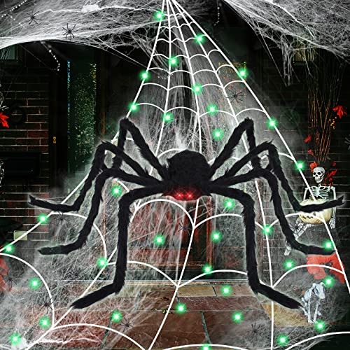 FORMIZON Araña Gigante de Halloween de 150cm, Juego Arañas Enorme de Halloween, Tela de Araña Triangular 7M, Spider Web Halloween, Telarañas Estirable Decoración Halloween Terror Accesorios