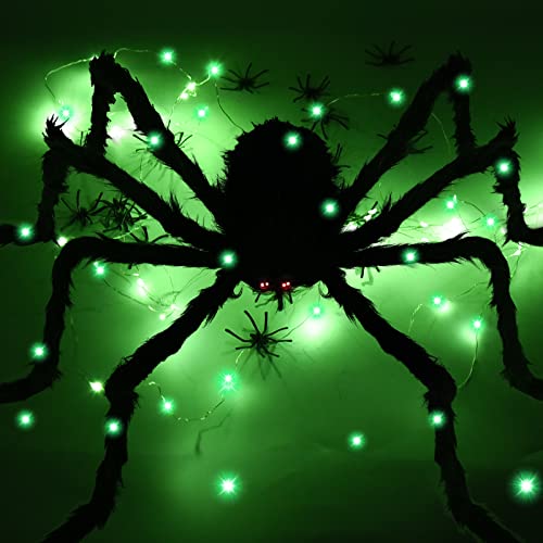 FORMIZON Araña Gigante de Halloween de 150cm, Juego Arañas Enorme de Halloween, Tela de Araña Triangular 7M, Spider Web Halloween, Telarañas Estirable Decoración Halloween Terror Accesorios