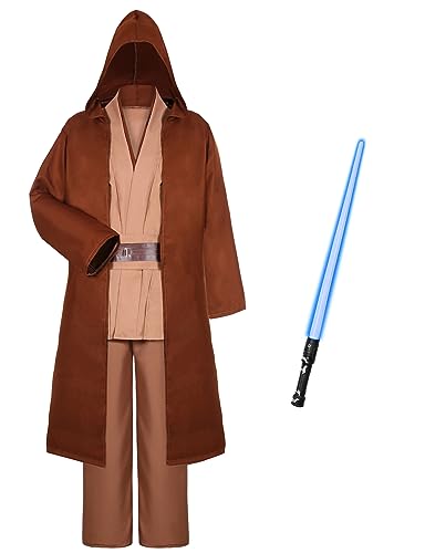 Fover Disfraz de Jedi para hombre con azul Lightsaber Obi Wan Kenobi, túnica con capucha, capa con capucha, sudaderas medievales, túnica Jedi Robe Halloween Carnaval Cosplay Set para adultos FR023XL