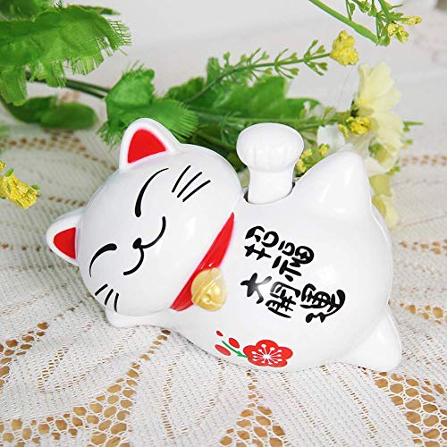 FTVOGUE Energía Solar Maneki Neko LuckyCat Fortuna Bienvenida Agitando el Brazo Paw Up Perezoso Acostado Riqueza Fortuna Gato Hogar Tiendas Coche Feng Shui Decoración Blanco(01)