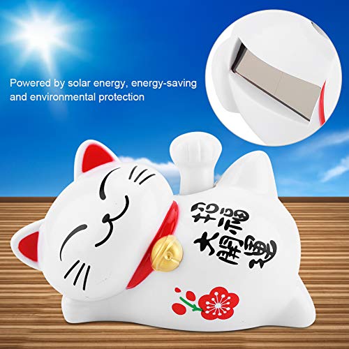 FTVOGUE Energía Solar Maneki Neko LuckyCat Fortuna Bienvenida Agitando el Brazo Paw Up Perezoso Acostado Riqueza Fortuna Gato Hogar Tiendas Coche Feng Shui Decoración Blanco(01)