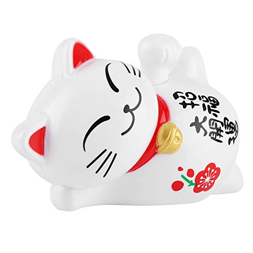 FTVOGUE Energía Solar Maneki Neko LuckyCat Fortuna Bienvenida Agitando el Brazo Paw Up Perezoso Acostado Riqueza Fortuna Gato Hogar Tiendas Coche Feng Shui Decoración Blanco(01)