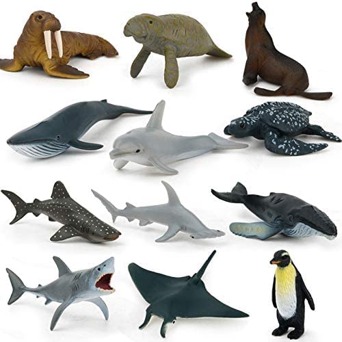 Fun Gift DE - Juego de 12 juguetes para animales marinos, tiburones blancos, delfines, etc., juguetes para niños mayores de 3 años, adecuados para bañeras, pozos de arena, etc. (negro)