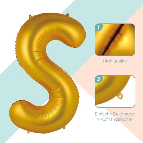 FUNXGO® Globo con letra S dorada - XXL 100 cm - para helio o aire, ideal para cumpleaños, bodas, fiestas y decoración de despedida de soltera para mujeres - globo S dorado