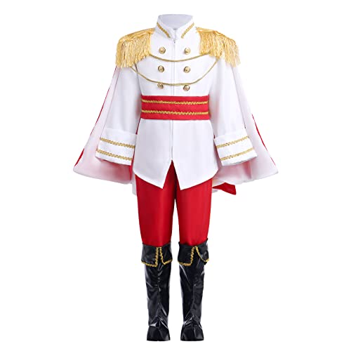 FYMNSI Disfraz de Príncipe Rey encantador, para niños, juegos de rol Cosplay Carnaval Halloween Ropa de Navidad Túnica Top Abrigo Pantalón Corona Esceptre Zapatos Rojo 9-10 años