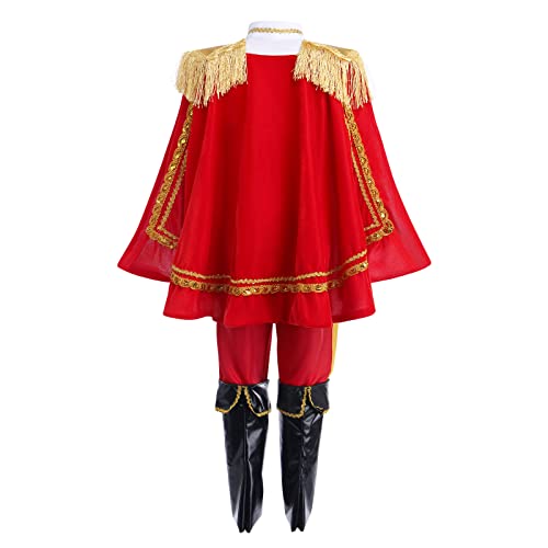 FYMNSI Disfraz de Príncipe Rey encantador, para niños, juegos de rol Cosplay Carnaval Halloween Ropa de Navidad Túnica Top Abrigo Pantalón Corona Esceptre Zapatos Rojo 9-10 años