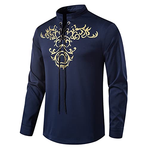 Gefomuofe Disfraz medieval para hombre, manga larga, disfraz de vikingo, camisa con cordones, cuello alto, camisa renacentista, disfraz steampunk, chaqueta de vampiro, camisa pirata, disfraz de