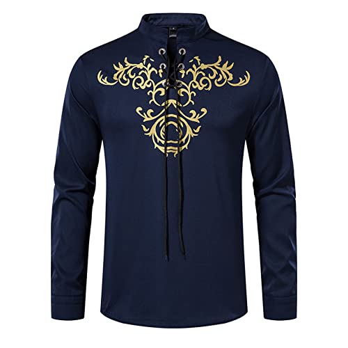 Gefomuofe Disfraz medieval para hombre, manga larga, disfraz de vikingo, camisa con cordones, cuello alto, camisa renacentista, disfraz steampunk, chaqueta de vampiro, camisa pirata, disfraz de