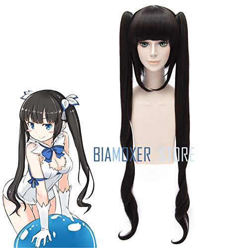 GHK Biamoxer New Sword Oratoria Hestia Kami Sama Cosplay Pelucas 100cm Negro Suelto Ondulado Pelo sintético Perucas Cosplay Peluca