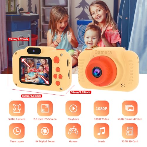 GlobalCrown Camara Fotos Infantil,Mini Digital Recargable Cámara Video Prueba de Golpes Regalos para niños 3 a 9 años, 12MP HD Pantalla para Juguetes Jugar al Aire Libre (32GB Tarjeta incluida)