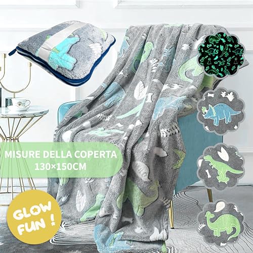 GLOW FUN! Manta 130x150cm Polar Brillante en la Oscuridad Manta de Franela Suave para Came de Dinosaurio Jurásico Manta Cálida para Niños Niñas Mantas Luminosas Manta De Viaje con Clip para Mochila