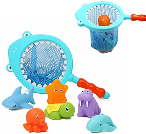 Goomp Juguetes Baño,7 Piezas Juguetes de Baño Juguetes Bañera para Bebe Niños Jueguetes para Niños Pesca Animales Flotantes Juego con Red de Pesca en la Bañera