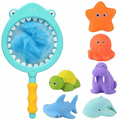 Goomp Juguetes Baño,7 Piezas Juguetes de Baño Juguetes Bañera para Bebe Niños Jueguetes para Niños Pesca Animales Flotantes Juego con Red de Pesca en la Bañera