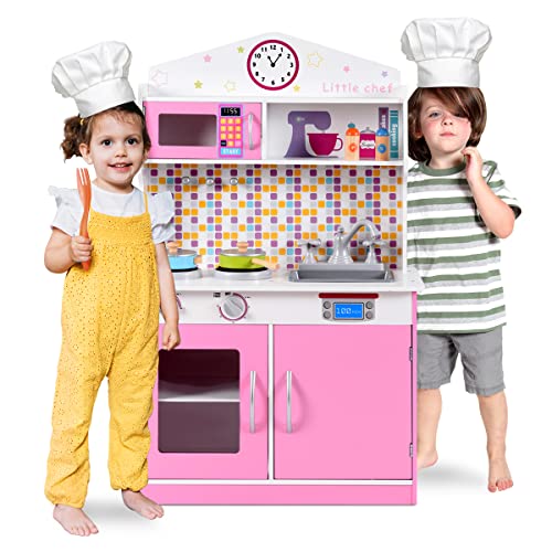 GOPLUS Cocina Infantil de Madera, Cocina de Juguetes educativos, Cocina de Comedor para niños, Equipada con Accesorios completos, Juegos de Buen apetito, Cocina para imitación y Despertar, Rosa