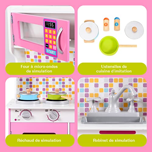 GOPLUS Cocina Infantil de Madera, Cocina de Juguetes educativos, Cocina de Comedor para niños, Equipada con Accesorios completos, Juegos de Buen apetito, Cocina para imitación y Despertar, Rosa