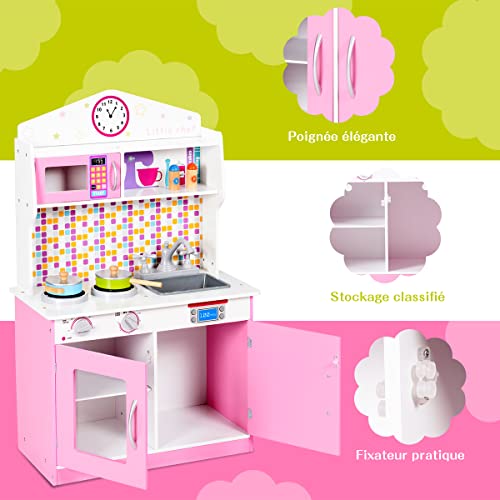 GOPLUS Cocina Infantil de Madera, Cocina de Juguetes educativos, Cocina de Comedor para niños, Equipada con Accesorios completos, Juegos de Buen apetito, Cocina para imitación y Despertar, Rosa