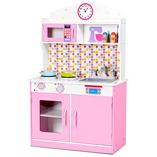 GOPLUS Cocina Infantil de Madera, Cocina de Juguetes educativos, Cocina de Comedor para niños, Equipada con Accesorios completos, Juegos de Buen apetito, Cocina para imitación y Despertar, Rosa