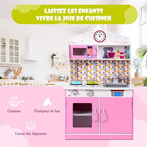 GOPLUS Cocina Infantil de Madera, Cocina de Juguetes educativos, Cocina de Comedor para niños, Equipada con Accesorios completos, Juegos de Buen apetito, Cocina para imitación y Despertar, Rosa