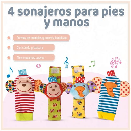 GreatDreams® Juguetes Bebes 0-3 Meses con Sonajeros para Pies y Muñecas (4 pcs), Libro Sensorial Blando y Libro Blando con Formas, Juguetes Bebes, Regalos Bebes Recien Nacidos