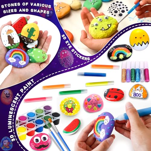 GUHAOOL Piedras Pintar Juegos para Niños Manualidades, Pinturas de Rocas Creativas para Manualidades con 12 Rocas, 24 Pinturas, Kit Para Pintar Rocas, Kit de Pintura Rupestre para Niños de 3 a 6 Años