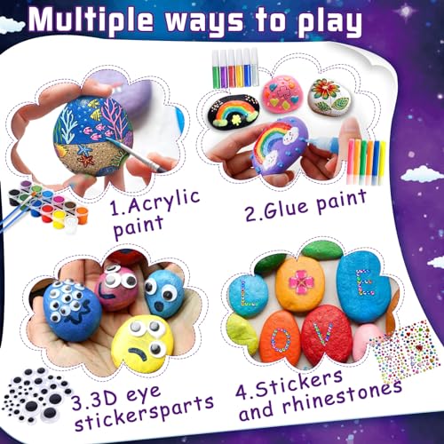 GUHAOOL Piedras Pintar Juegos para Niños Manualidades, Pinturas de Rocas Creativas para Manualidades con 12 Rocas, 24 Pinturas, Kit Para Pintar Rocas, Kit de Pintura Rupestre para Niños de 3 a 6 Años