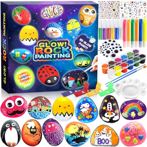 GUHAOOL Piedras Pintar Juegos para Niños Manualidades, Pinturas de Rocas Creativas para Manualidades con 12 Rocas, 24 Pinturas, Kit Para Pintar Rocas, Kit de Pintura Rupestre para Niños de 3 a 6 Años