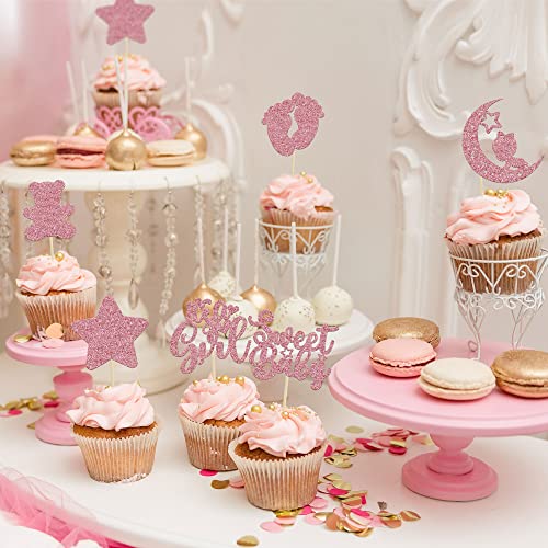 Gyufise 24 piezas de decoración para cupcakes con purpurina de luna, diseño de estrella, oso de bebé dulce es una niña, baby shower, cupcake, decoración de pasteles, suministros de color rosa