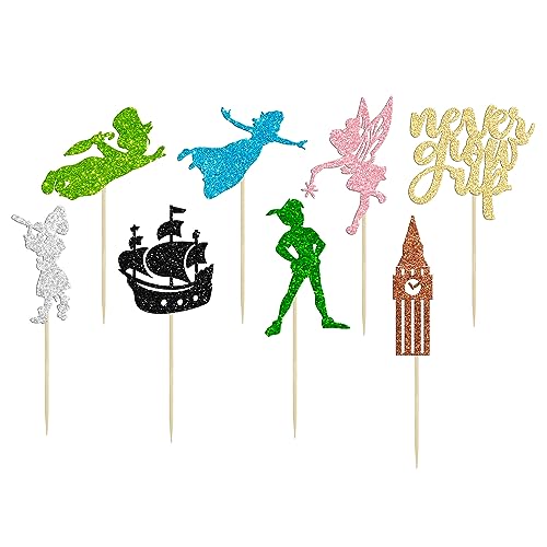 Gyufise Paquete de 24 adornos para cupcakes Never Grow Up con purpurina, diseño de nave de Neverland Elf Girl Cupcake Picks Night Fairy Tales P Pan Cupcake Decoraciones para baby shower, fiesta de