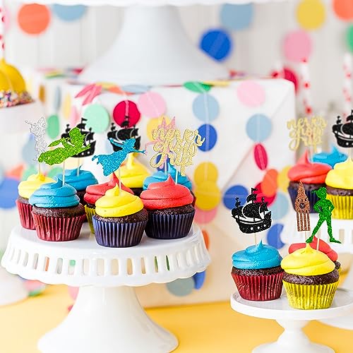 Gyufise Paquete de 24 adornos para cupcakes Never Grow Up con purpurina, diseño de nave de Neverland Elf Girl Cupcake Picks Night Fairy Tales P Pan Cupcake Decoraciones para baby shower, fiesta de